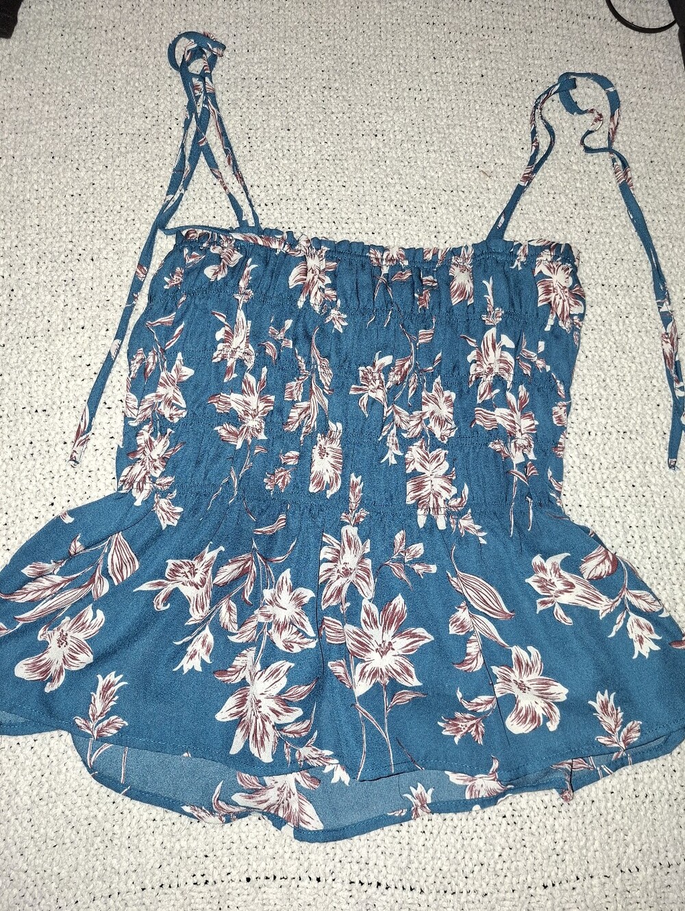 Paper Crane Teal Blue Floral Smocked Cami with Tie Straps